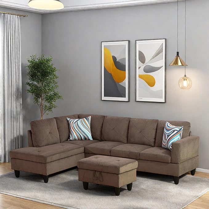 FONTOI L Shaped Sectional Couches Modern Modular Sectional Sofa for Living Room Bedroom Furniture Comfy 4 Seat Couch with Ottoman Storage &amp Chaise Brown