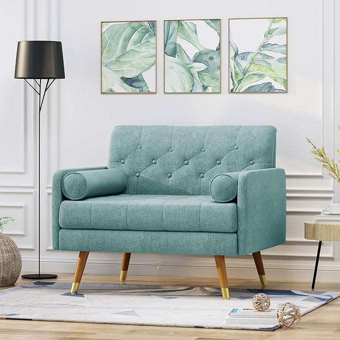 38 Comfy Chair and A Half with Button Tufted Backrest Round Armrest Pillows Mid Century Modern Oversized Accent Chair with Wood Legs for Living Room Bedroom or Small Spaces (Blue)