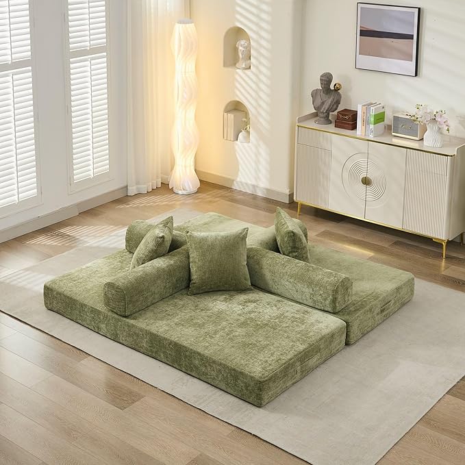 Convertible Folding Sofa Bed Modular Floor Couch 78.8‘’ Cloud Sleeper Sofa with Removable Backrest Chenille Foldable Mattress Couch Lazy Loveseat for Small Space Apartment Bedroom Green