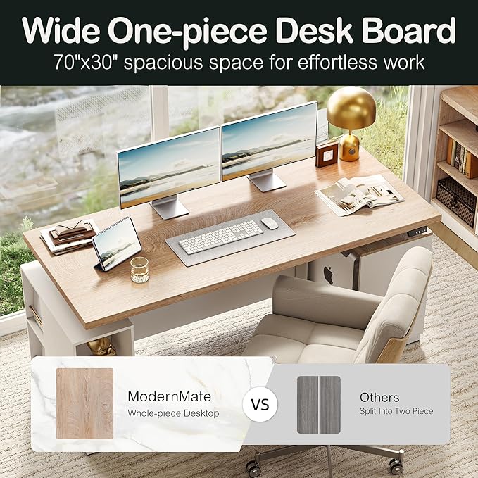 71 Standing Desk with 2 File Cabinet AC/USB 1.18 Desktop L Shaped Height Adjustable Desk Electric Furniture Set with Multiple Functions for Home and Office Light Walnut
