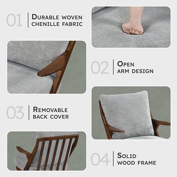 Lexicon Mid Century Modern Accent Chair Pascal Brown Solid Rubberwood Frame Reversible Back Cushion Woven Chenille Upholstered Reading Chair for Living Room/Bedroom/Office Grey