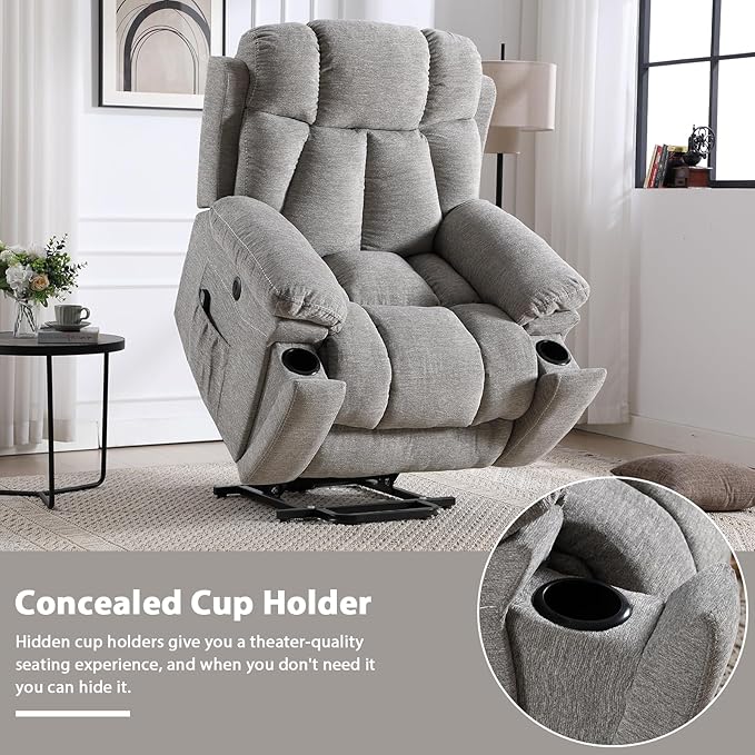 CANMOV Large Power Lift Recliner Chairs with Massage and Heat for Elderly Big People Heavy Duty Motion Reclining Mechanism-Anti Skid Fabric Recliner Chair with 2 Concealed Cup Holders Smoke Gray