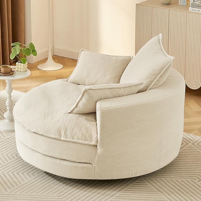 360° Swivel Accent Chair 57.5 Round Barrel Chair with Dual-Layer Cushion &amp 3 Removable Pillows for Living Room Bedroom Office Hotel Beige