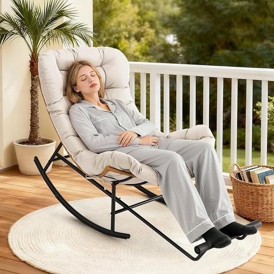 IDEALHOSUE Papasan Rocking Chair with Foot Rest Ergonomic Papasan Chair with Thick Waterproof Cushion Metal Frame &amp PE Rattan Lounge Chairs for Living Room Bedroom Relaxation Space