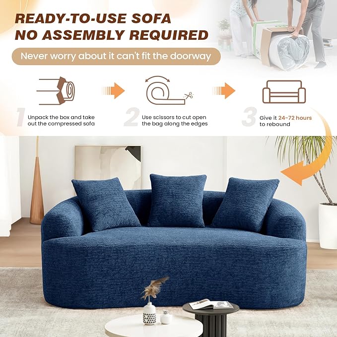 65 Curved Loveseat Sectional Sofa for Living Room Modern Plush Chenille Cloud Round Deep Seat Compressed Boneless Couch with 3 Throw Pillows for Small Apartment No Assembly Needed Blue