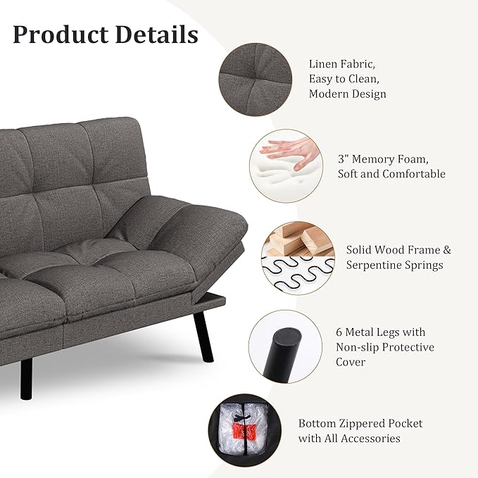 Hcore Convertible Futon Sofa BedModern Linen Futon Couch with Detachable CushionAdjustable Backrest &amp Armrest Small Splitback Loveseat Sofa Sleeper for Living RoomOfficeApartmentDark Grey