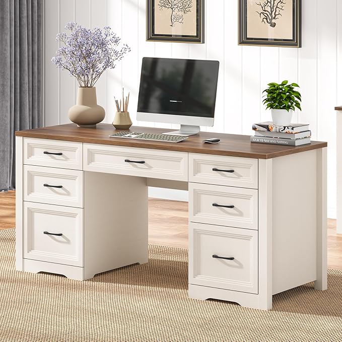 Vabches Farmhouse Executive Desk with File Drawer Home Office Desk with Ample Storage Rustic Office Desk with Spacious Tabletop for Work Brown