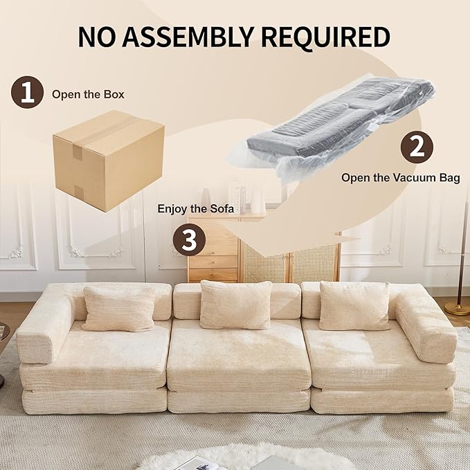 Convertible Floor Sofa Bed 3-Seat Modular Sectional Chenille Fabric No Assembly Required 118 inches Beige (3 Beige)