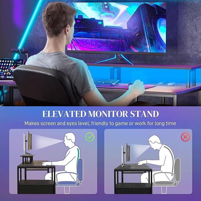61 Computer Desk with LED Lights Power Outlets and USB Ports Gaming Desk with Storage Shelves Monitor Stand Fabric Drawers Remote for Home Office Study Distressed Black