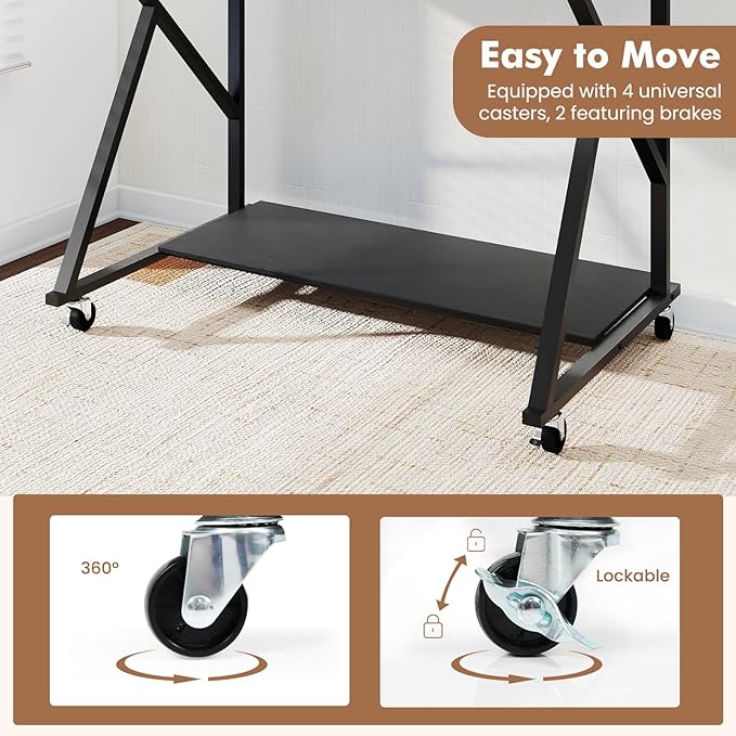 Giantex Rolling Computer Desk with Charging Station Mobile Portable Laptop Desk with Monitor Stand &amp Storage Shelf Small Desk with Lockable Wheels for Small Spaces Home Office (Black)