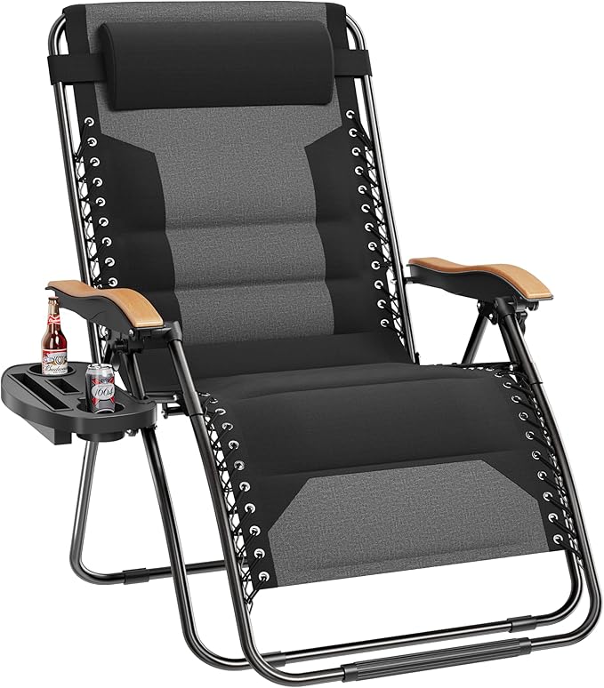 PHI VILLA XXL Oversized Padded Zero Gravity Chair Foldable Patio Recliner 30 Wide Seat Anti Gravity Lounger with Cup Holder Support 400 LBS (Black 1Pcs)