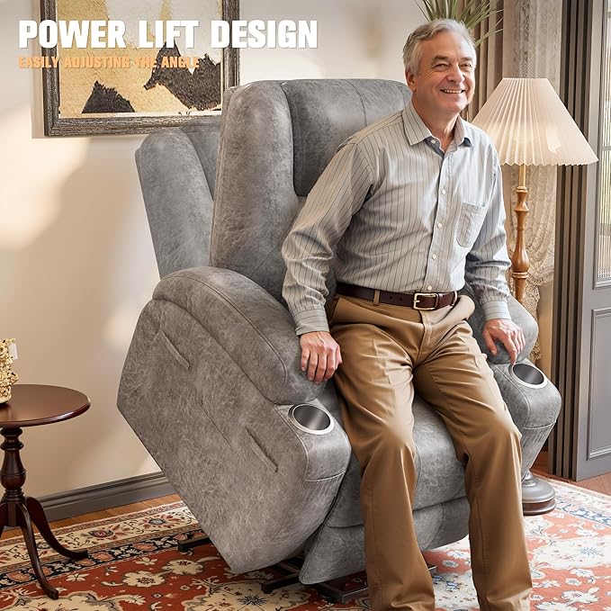 Flamaker Power Lift Recliner Chair Electric Lift Recliner for Elderly Power Lift Recliner Chair with Cup Holders Side Pockets for Living Room (Leathaire Light Gray)