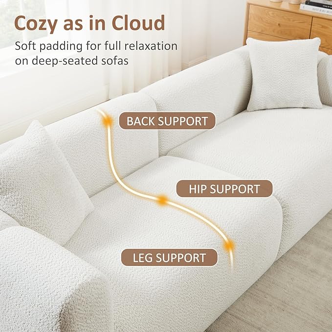 VANOMi 95 Cloud Couch Comfy Deep Seat Boucle Cloud Sofa Upholstered 3-Seater Oversized Loveseat Sofa with 2 Pillows Modern Sofa for Living Room Bedroom Office Apartment (White)