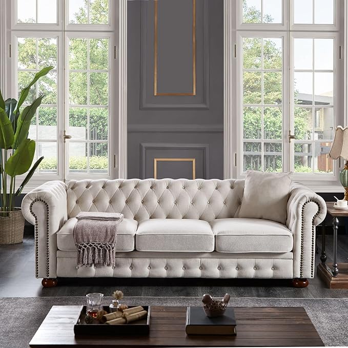 KEVINSPACE 88.5 Modern Sofa Couch for Living Room 3 Seater SectionalSofa Couch Comfy Linen FabricSofa Button Tufted Cushions Rolled Arms Wood Legs Chesterfield Sofa for Small Spaces Beige
