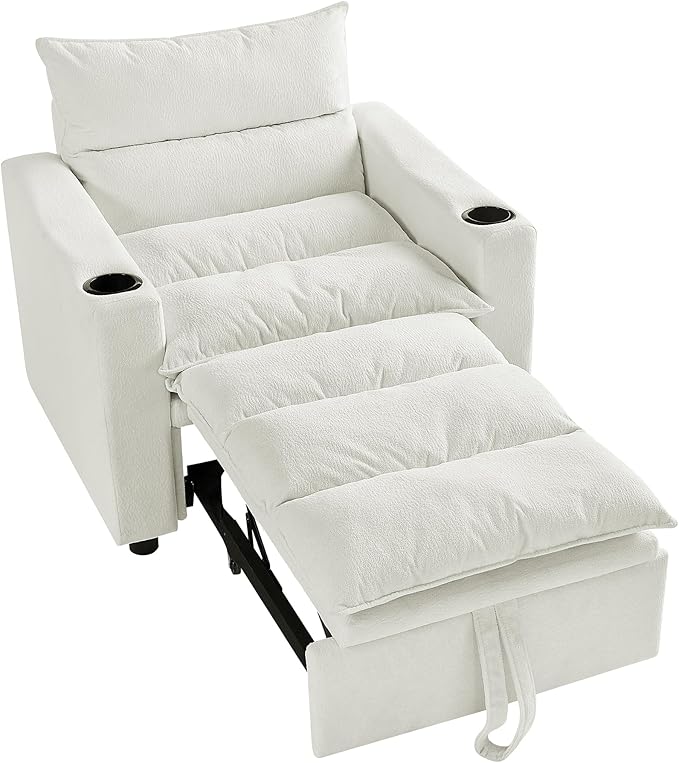 Velvet Single Sofa Bed 2 in 1 Convertible Sleeper Sofa with Pullout Bed Thickened Back &amp Seat Cushion Cup Holder Modern Daybed Couch for Small Spaces Living Room Bedroom Apartment Office (Beige)