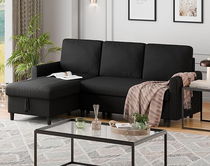 Walsunny Sectional Sofa Couch L Shaped Sleeper Sofa Bed Pull Out Bed with Storage Reversible Sectional Couches for Living Room Apartment Office(Black)