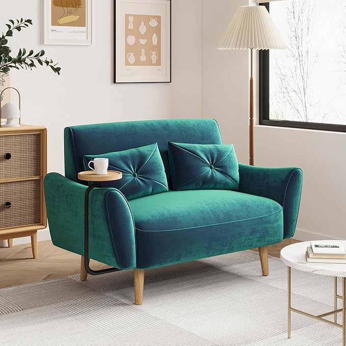Brelice Loveseat Sofa 47 Velvet Couch for Bedroom Convertible Wooden Tray &amp Ergonomic Armrest for Small Space Apartment Living Room Home Office Easy Assembly Green