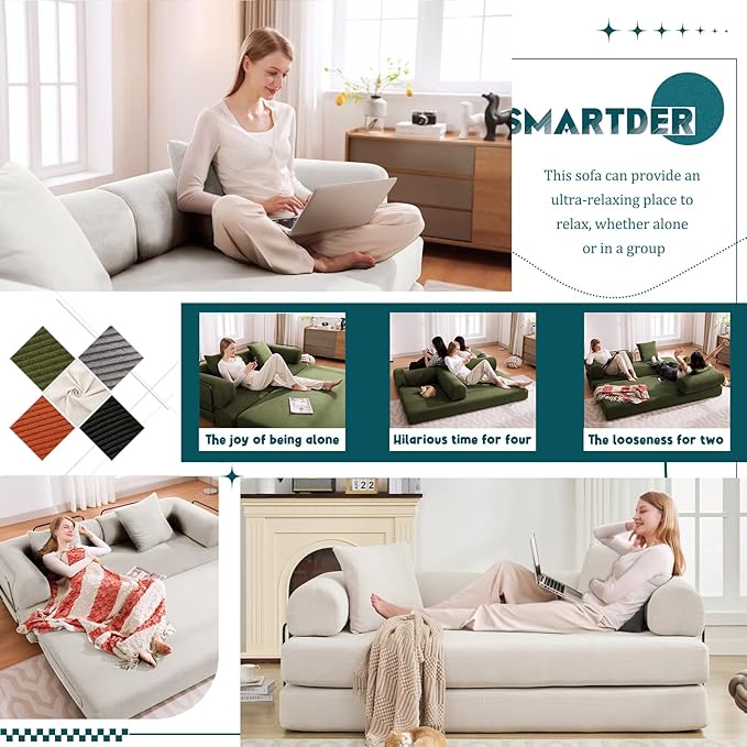 Convertible Folding Sofa Bed Modular Floor Sofa with Removable Backrest 3-Seater Fold Out Couch Bed with Pillows King Size Futon Lazy Couch Corduroy Sleeper for Living Room Dorm Beige