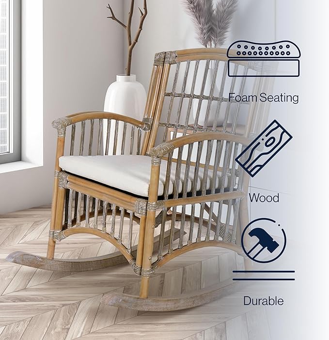 JONATHAN Y RCK200B Swayze Bohemian Farmhouse Woven Rattan/Wood Rocking Chair White Cushion with Gray/White Wash Frame for Home Living Room Bedroom Guestroom Foyer Library