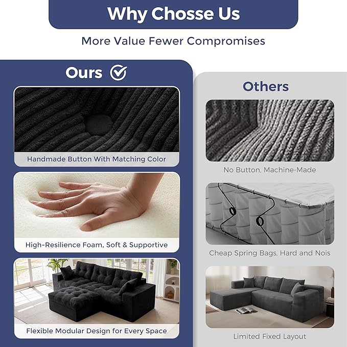 MAXYOYO 104 L Shaped Modular Sectional Sofa with Ottoman Cloud Boneless Couch with Layered Cushion Upholstered Sofa in a Box Flexible Module Combination for Living Room No Assembly Black