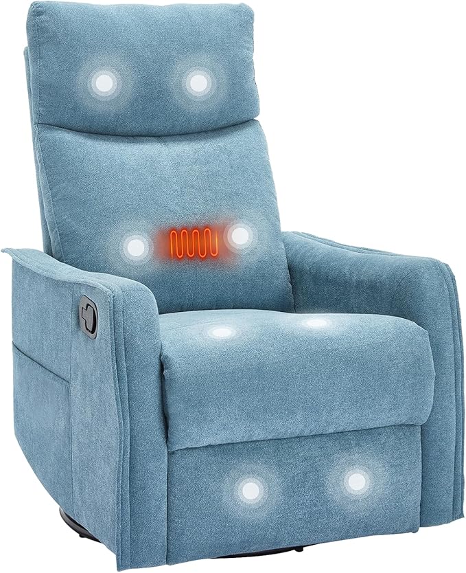 PELUMY 360 Swivel Rocking Recliner Chair for Adults Nursery Rocking Chair with Heat and Massage Glider Reclining Chair for Small Space Living Room Bedroom (Blue)
