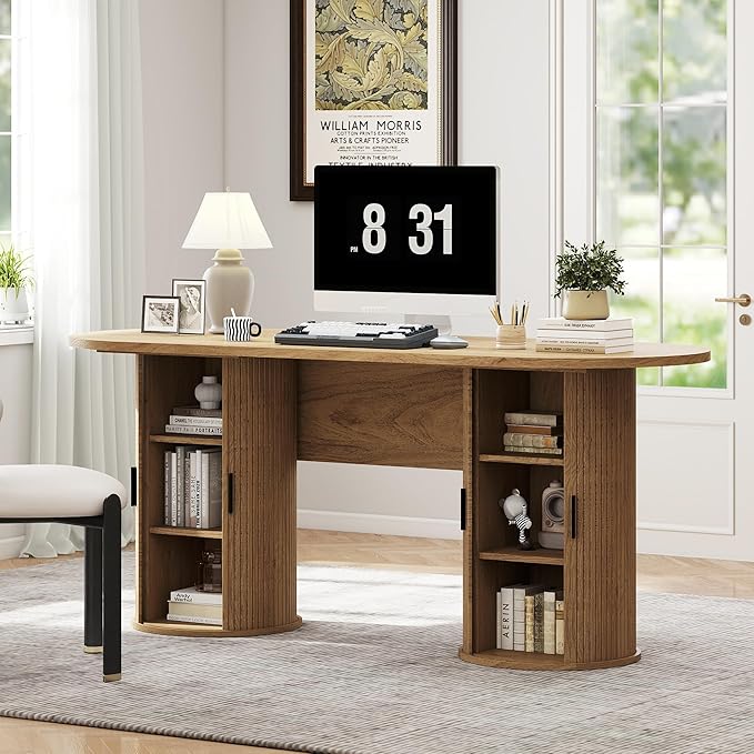 blini Executive Office Desk with Storage Fluted Wood Computer Desks with 2 Sliding Doors Mid Century Modern Oval Writing Table for Home Office Study Room Living Room