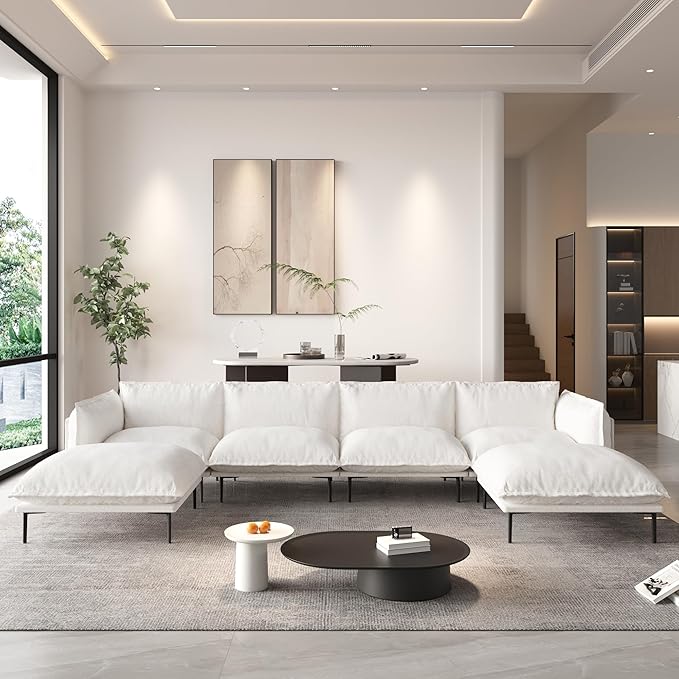 WJShome 147 Modern U-Shaped Couch for Living RoomVelvet Modular Sectional Sofa with Chaise4-Seater Sofa with 2 Ottomans with Removable Cushions and 8 High Metal Legs Easy to Clean Beige