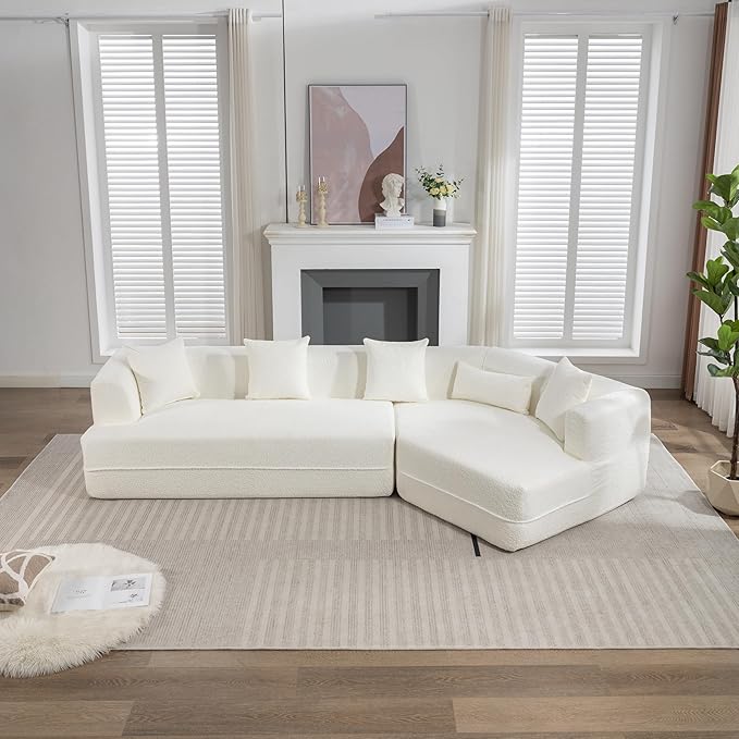 Merax 125 Large Sofa Couch 2 Piece Free Combination Modern Modular Upholstered Sectional Corner Sofa with Pillows and High-Density Foam for Living Room Bedroom Salon Cream White