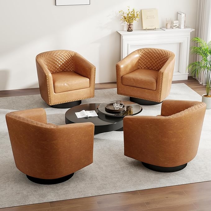 Swivel Barrel Accent Chair Comfy Modern Upholstered Round Faux Leather Arm Chair for Living Room Bedroom（Coffee Set of 1