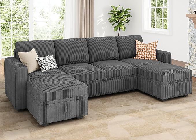HONBAY Modular Sectional Sleeper Sofa Bed Corduroy Pull Out Couch with Storage Ottoman U Shaped Sectional Couches for Living Room Dark Grey