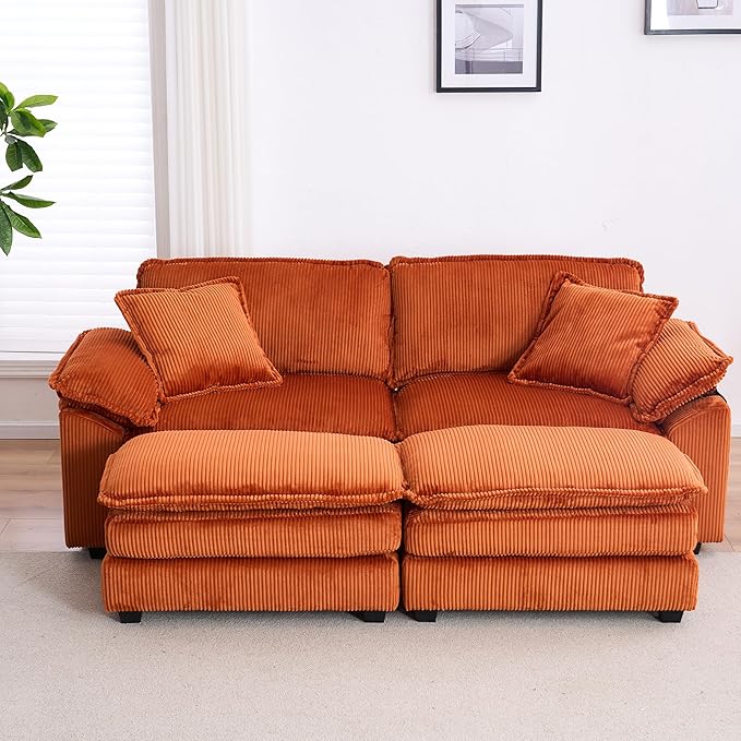 80.5'' Modular Sectional Sofa Cloud Couch for Living Room Modern Corduroy Double Layer Upholstered Loveseat Sofa Comfy Sleeper Sofa with Ottoman 2 Pillows and Detachable Armrest Orange