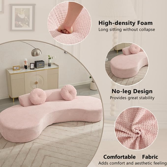 KEIKI 106 Curved Oversized Corduroy Modular Sofa with 2 Pillows and 2 Back Cushion Modern Minimalist Style Comfy 3-Seater Couch No Assembly Required for Apartment Living Room Bedroom Pink