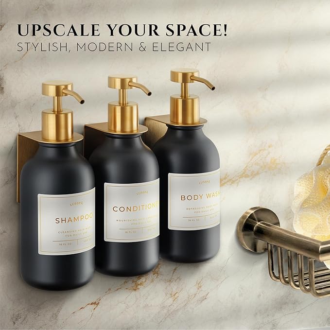 Shower Shampoo Dispenser Wall Mounted – 3 Refillable 16.9 oz Black Bottles with Stainless Steel Pumps &amp No-Drill Adhesive Holders – Soap Dispenser Set for Bathroom (3 X Black/Gold)