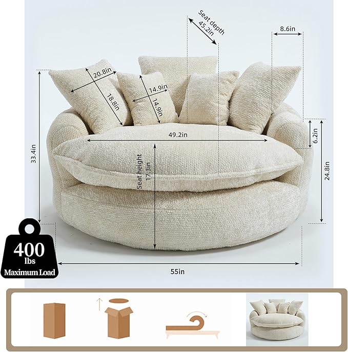55 inch Oversized Round Chair Fluffy Chenille Boneless Sofa with Extra Deep Seat for Living Room Lounge (Beige)