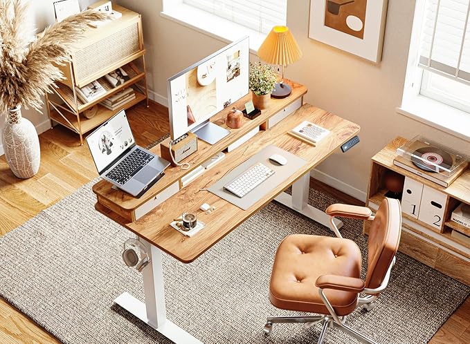 BANTI 48x24 Inch Electric Standing Desk with Dual Drawers Height Adjustable Stand Up Table Sit Stand Home Office Desk with Storage Shelf White Frame/Light Rustic Brown Top