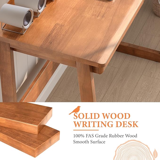 100% Solid Wood Writing Desk - Mid Century Modern Desk Home Office Desks with Drawers Walnut Vintage Desks Laptop Computer Work Study Table for Bedroom Living Room &amp Office