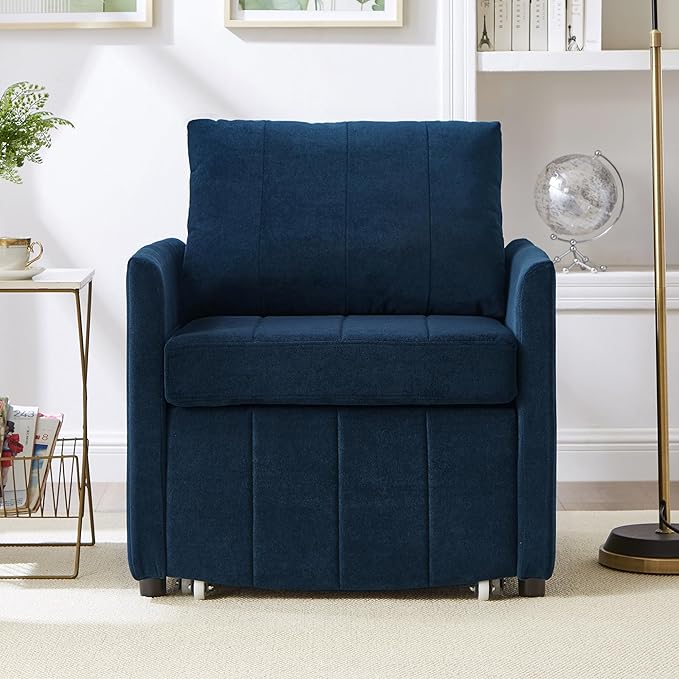 Ball &amp Cast Convertible Pull-Out Sleeper Sofa BedChenille Upholstered Pull Out Couch Chair3 in 1 Single Sofa Chair W/Storage Basket and Side PocketRecliner Chaise Lounge for Living RoomBlue31