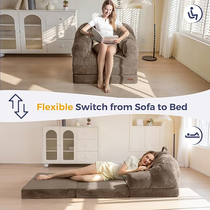 MAXYOYO Folding Sofa Bed with Backrest Boneless Fold Out Couch Bed with Handle 2 in 1 Convertible Bean Bag Chair to Floor Sofa Lounger Comfy Folding Couch for Bedroom &amp Living Room Brown