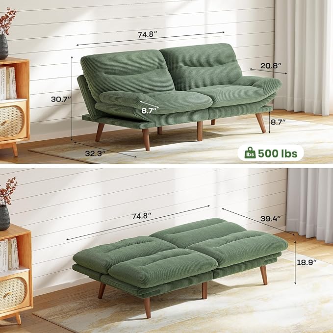 Marsail 74.8 Futon Sofa Bed Corduroy Convertible Futon Couch with Adjustable Backrest &amp Armrests Small Sleeper Sofa Loveseat for Small Apartments Study Room Office Green