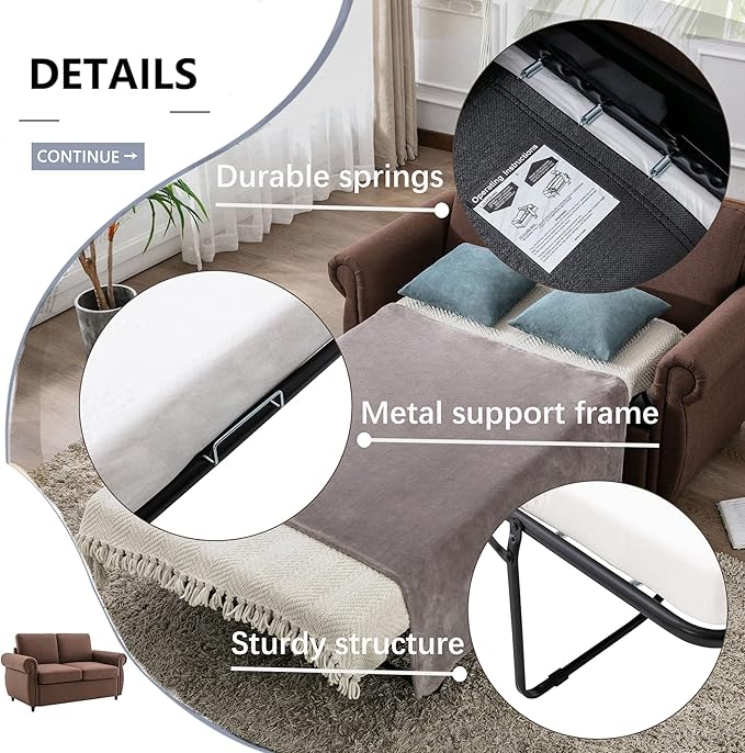 Merax 57.9 Loveseat Sofa Couch with Pull Out Bed 3 in 1 Convertible Line Fabric Sleeper Sofa Bed with 2 USB Ports and Twin Size Memory Mattress for Apartment Office Living Room (Brown)