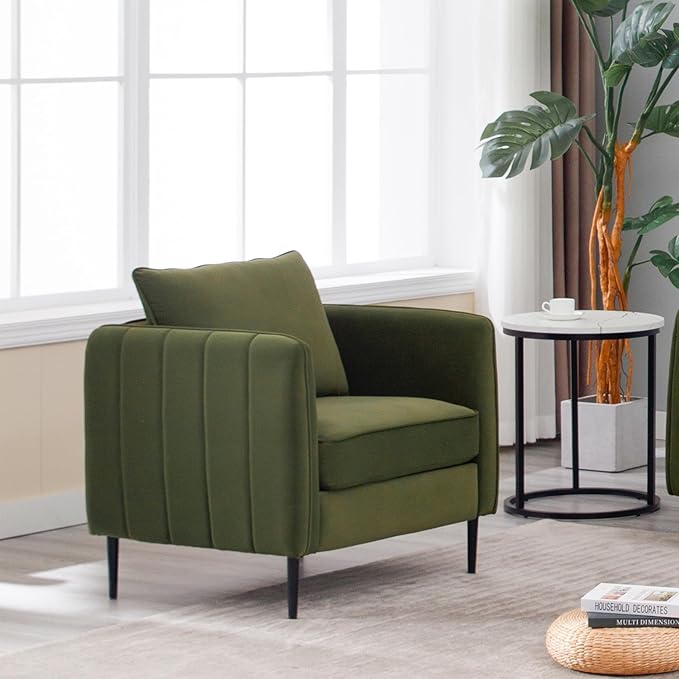 KEIKI Cloud Chair for Living Room Velvet Single Sofa Chair with 1 Pillow Comfy Accent Chair for Bedroom Office and Reading Metal Legs Soft Modern Design Green