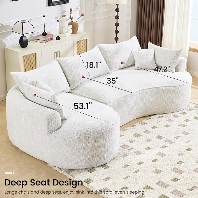 126” Oversized Curved Sectional Sofa L Shaped Chenille Boneless Couch with Deep Seat &amp 7 Pillows for Living Room Bedroom No Assembly Required (White)