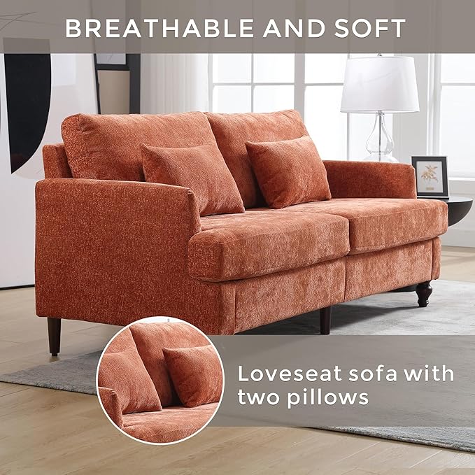2 Pieces Sofa Couch Set for Living Room 68'' Mid Century Modern Loveseat and Accent Chair Set Chenille Sofa Comfy Cloud Couch with Deep Seats for Small Spaces Apartment Bedroom Orange