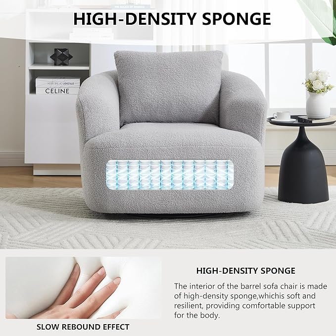 KEIKI 37.4 Oversized 360 Degree Swivel Chair Large Barrel Chairs Upholstered Round Swivel Chair Teddy Fleece Single Sofa Armchair Sleeper Couch for Living Room Lounge Light Gray