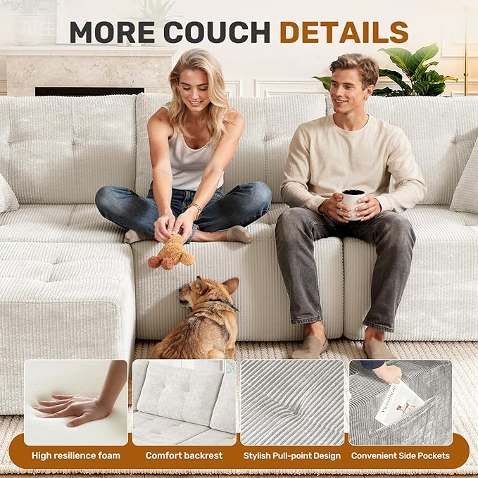 143 Modular Sectional Sofa for Living Room Convertible U-Shape Couch with Ottoman 6 Seater Modular Sectional SofaBeige Corduroy