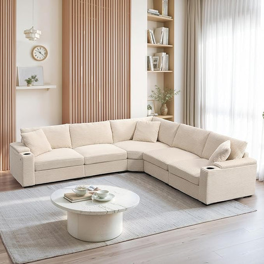 106 Convertible L Shaped Sectional SofaCorduroy Corner Couch with Armrest StorageCup HoldersUSB ChargerIrregular Corner Oversized Comfy Modular Sofa for Living RoomApartment (Beige-ZC18)