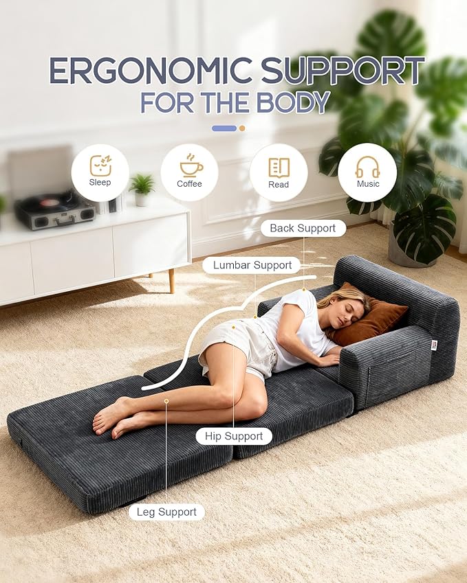 Boneless Couch Sofa Bed Convertible Sleeper Chair with One-Piece High-Density Foam (No Lumps) Foldable Floor Mattress for Adults Guest Gaming Non-Slip Side Pockets 84x35 No Assembly