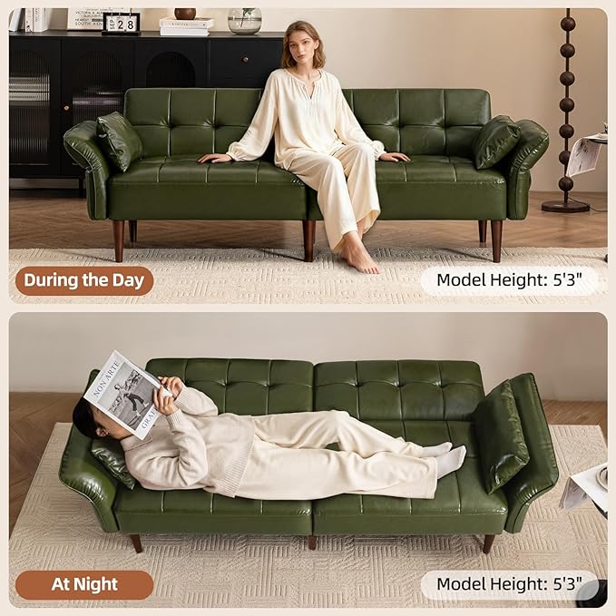 Futon Sofa Bed Sleeper Sofa Small Couch with Storage Adjustable Armrests Pillows Faux Leather Loveseat Mid Century Modern Couches for Living Room Bedroom Apartment Olive Green