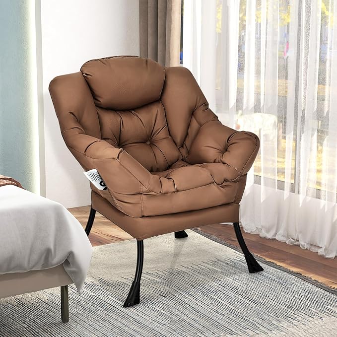GORELAX Modern Lazy ChairUpholstered Lounge Accent Chair Single Leisure Sofa Chair with Armrests &amp Side Pocket Comfy Reading Chair for Bedroom Living Room Dorm Room (Brown)