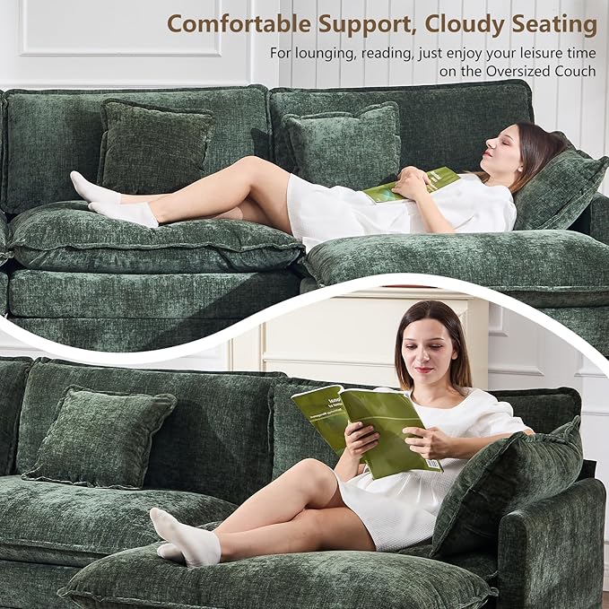 Modular Sectional Sofa Deep Seat Chenille L Shaped Couch with Throw Pillows &amp Movable Ottoman 3 Seater Comfy Cloud Sectional Couches for Living Room Bedroom Apartment Green